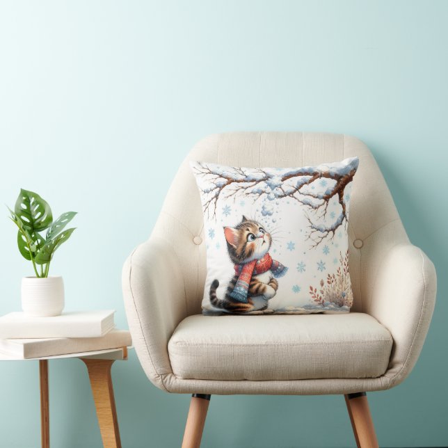 Coussin Chaton regardant la neige tomber d'une branche (Chaise)