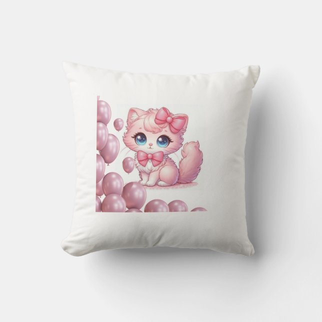 Coussin Chaton Rose Kawaii avec Nœuds et Ballons – (Recto)