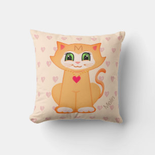 Coussin Chaton roux mignon dessin animé & coeurs sur corai