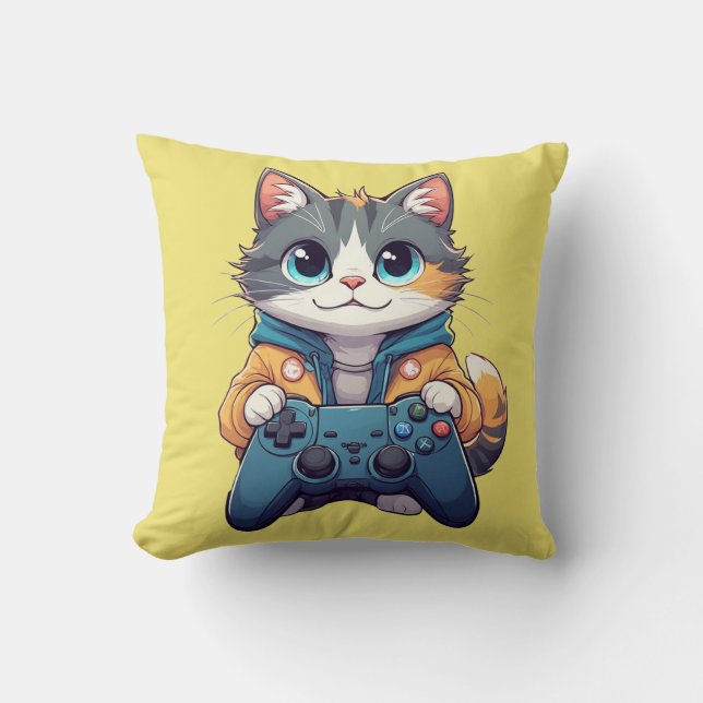 Coussin Chaton tenant une manette de jeu et souriant - Cha (Recto)