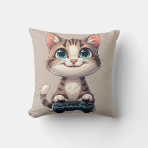Coussin Chaton tenant une manette de jeu souriant Cat game