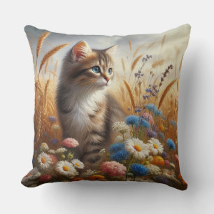 Coussin Chaton Tigré Amateur de Chat Floral 20x20 Coton