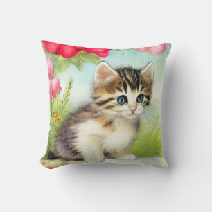 Coussin Chaton vintage blanc et Brown avec fleurs