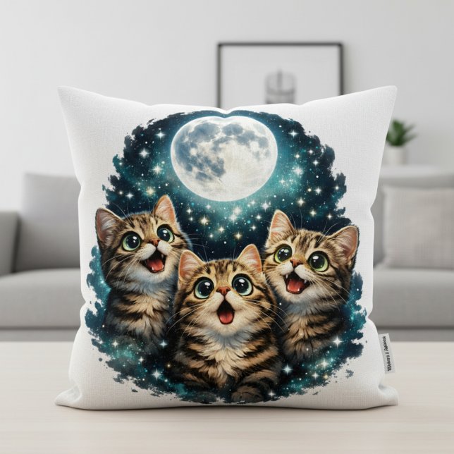 Coussin Chatons Adorables Contemplant la Lune - Étoiles Br (Créateur téléchargé)