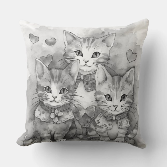 Coussin Chatons noirs et blancs coeurs (Recto)