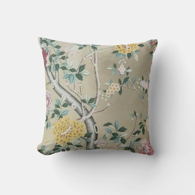 Coussin Chatoyante Chinoiserie Floral sur Champagne d'or (Recto)