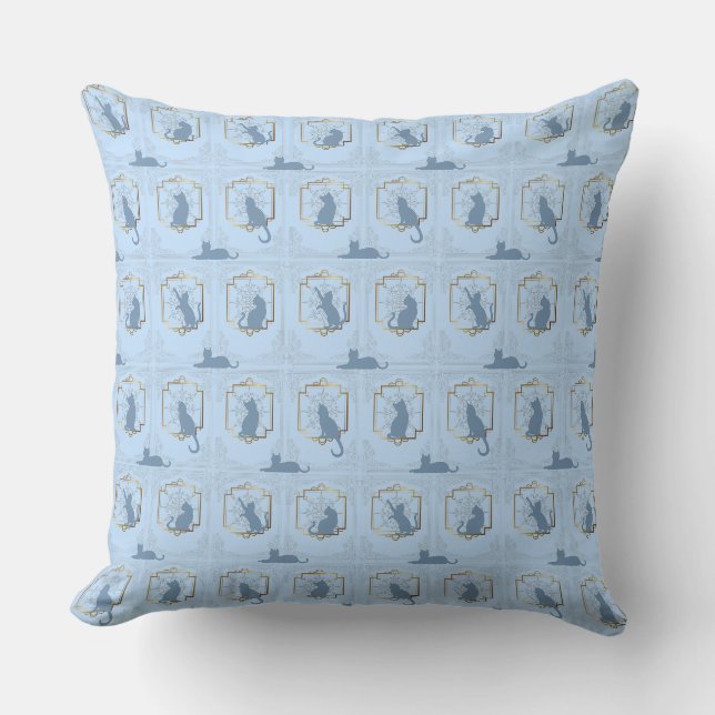 Coussin Chats Art Déco Élégants - Bleu (Recto)