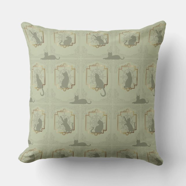 Coussin Chats Art Déco Élégants - Vert (Recto)