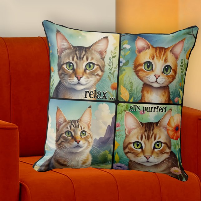 Coussin Chats Artistiques Colorés et Amusants  (Pillow featuring 4 colorful paintings of beautiful cats. A cheerful addition to any space)