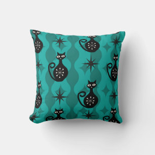 Coussin Chats atomiques noirs du milieu du siècle sur Ogee
