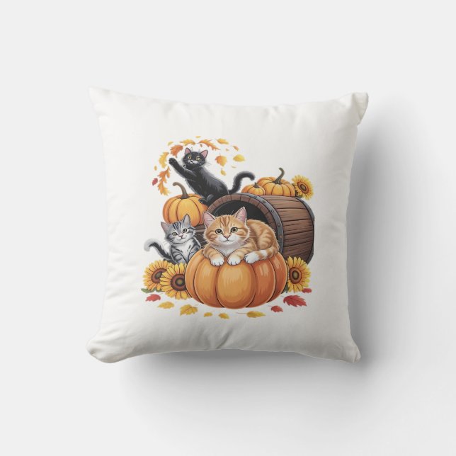 Coussin Chats Automne Citrouilles d'Automne Action de Grâc (Recto)