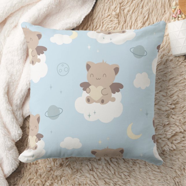 Coussin Chats d'ange Kawaii sur motif de nuages (Couverture)
