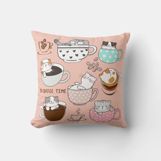 Coussin Chats dans des tasses à café (Recto)