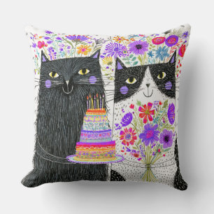 Coussin Chats de bouquet floral pour anniversaire fantaisi