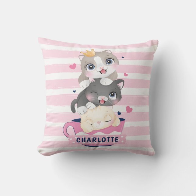 Coussin Chats de dessin animé mignons empilés rayures rose (Recto)