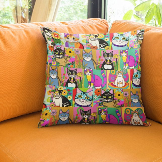 Coussin Chats de dessin de style d'art populaire Whimsical (Créateur téléchargé)