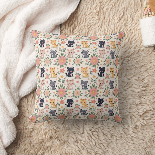 Coussin Chats de jungle de dessin animé mignons et fleurs (Couverture)