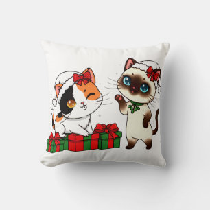 Coussin Chats de Noël Chibi avec des Cadeaux