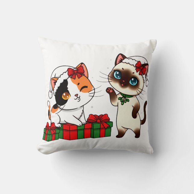Coussin Chats de Noël Chibi avec des Cadeaux (Recto)