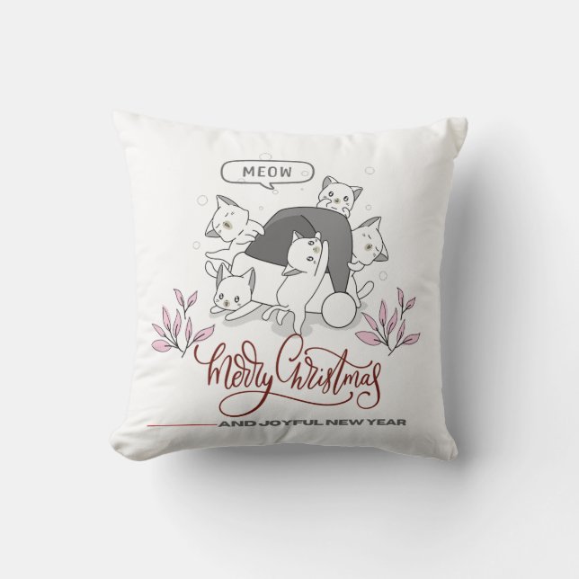 Coussin Chats de Noël mignons « Miaou » Design de vacances (Recto)