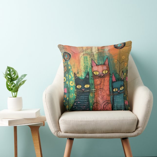 Coussin Chats en aquarelle Boho - Earthy Feline Art (Chaise)
