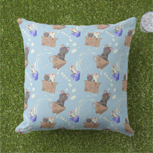 Coussin Chats en boîte et gouttes de lait sur bleu