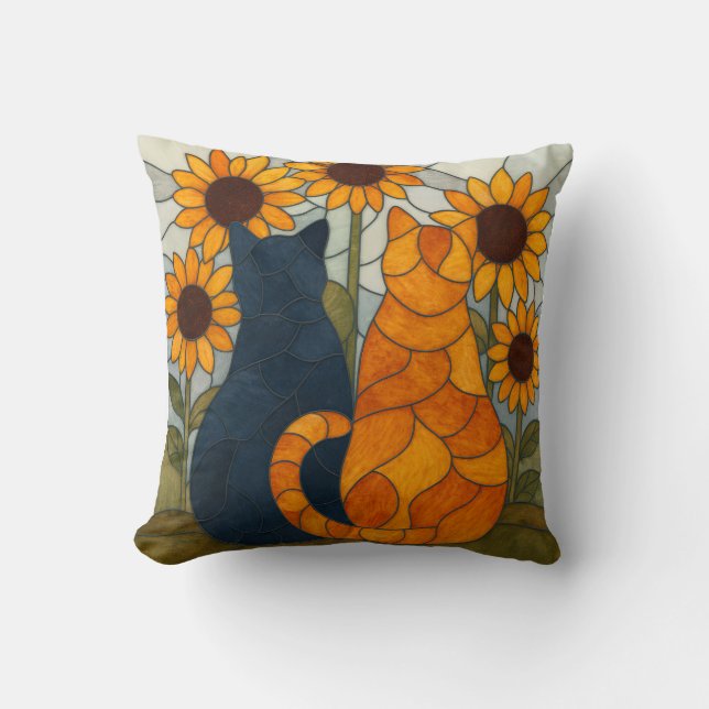 Coussin Chats en vitrail et conception d'art de tournesols (Recto)
