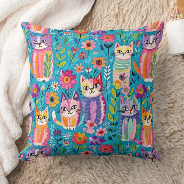 Coussin Chats et fleurs colorés Whimsical Happy (Couverture)