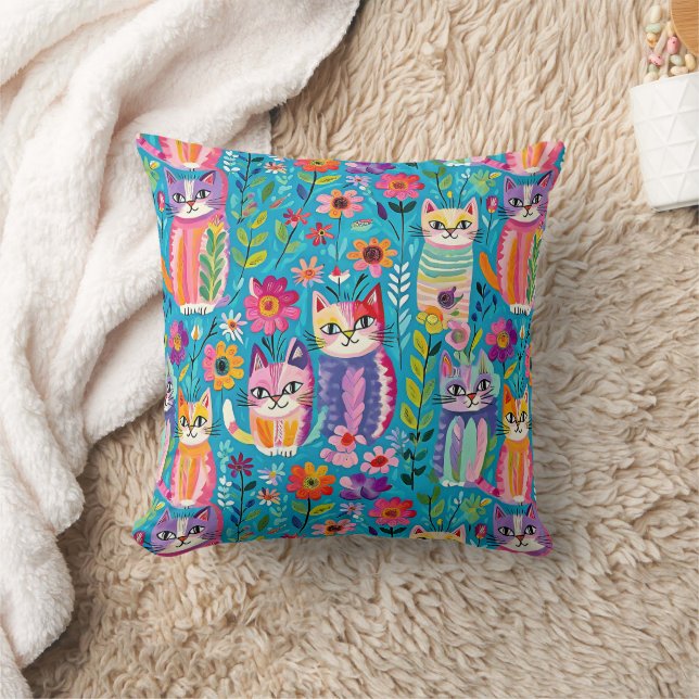 Coussin Chats et fleurs colorés Whimsical Happy (Couverture)