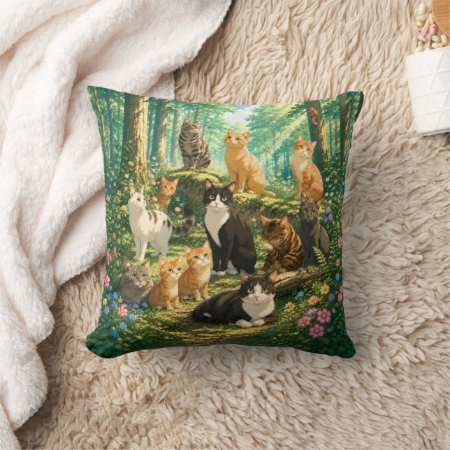 Coussin Chats Fantaisistes dans une Forêt Enchantée (Couverture)