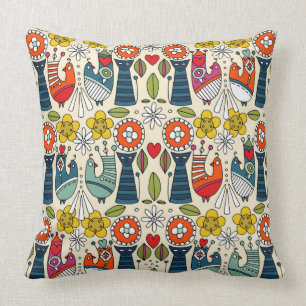 Coussin Chats folksy suédois et oiseaux