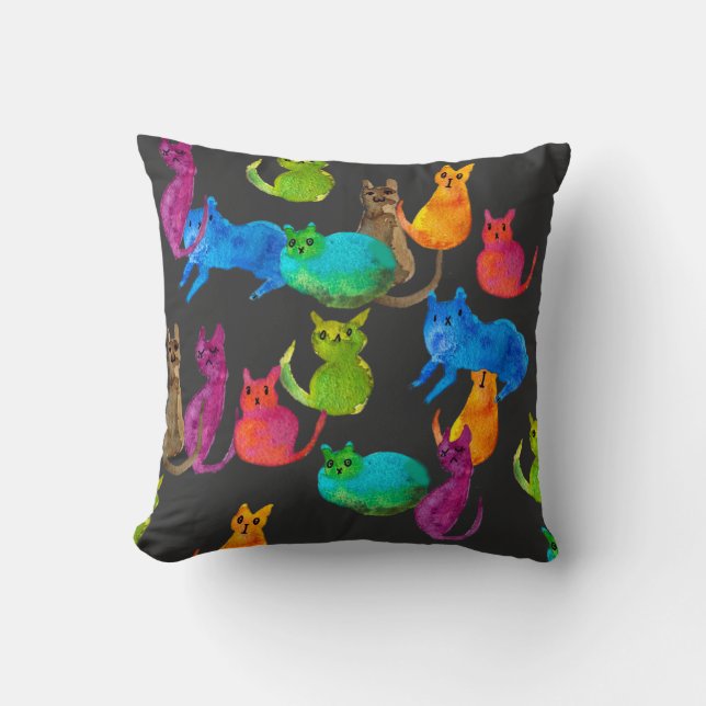 Coussin Chats fous colorés en aquarelle (Recto)