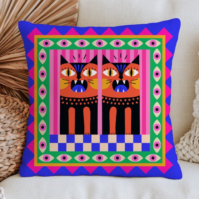 Coussin Chats funky aux yeux méchants Art félin maximalist (Créateur téléchargé)
