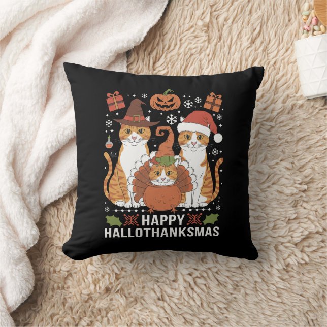Coussin Chats Joyeux Hallothanksmas Halloween Noël  (Couverture)