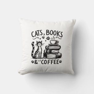 Coussin Chats, livres et café
