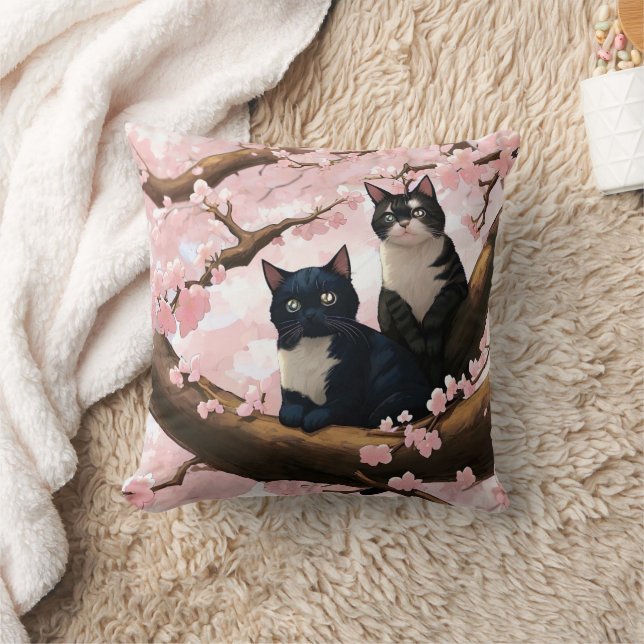 Coussin Chats Mignons Sur Un Arbre En Fleur De Cerise (Couverture)