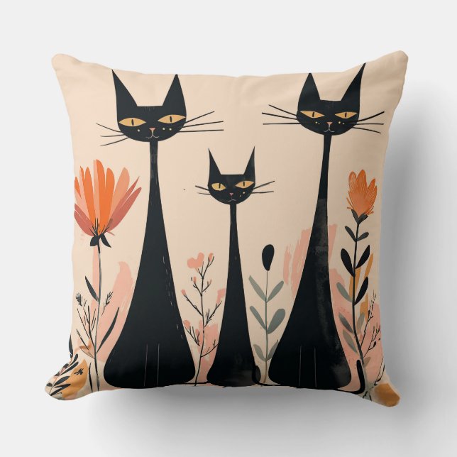 Coussin Chats noirs au milieu de fleurs et de feuillage vi (Recto)