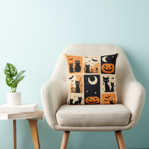 Coussin Chats noirs, citrouilles et chauves-souris pour Ha