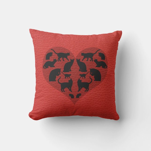 Coussin Chats noirs Coeur Faux Cuir rouge (Recto)