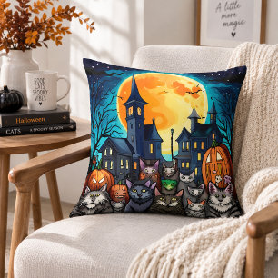 Coussin Chats noirs effrayants Village ensorcelé Nuit d'Ha