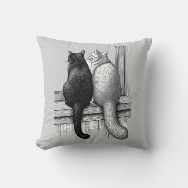 Coussin Chats noirs et blancs à la fenêtre (Recto)