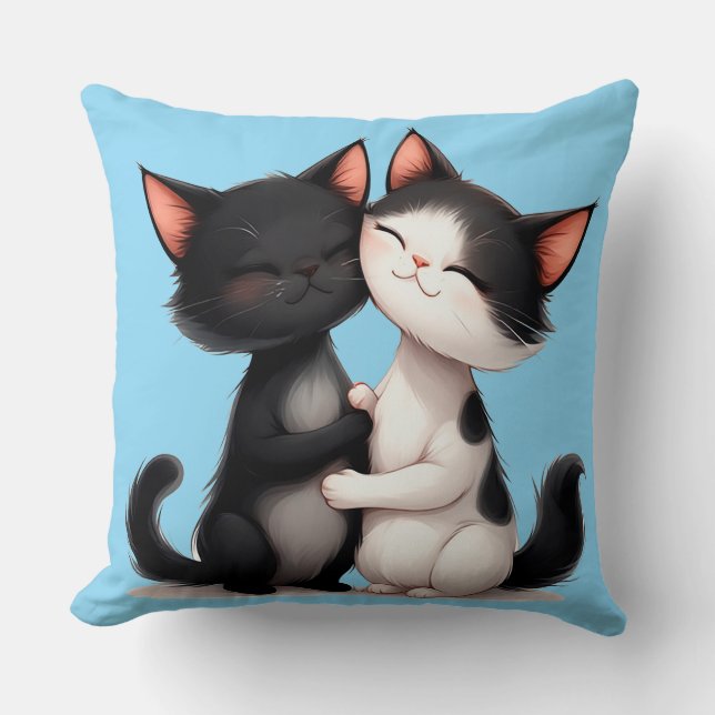 Coussin Chats noirs et blancs adorables s'étreignant avec  (Recto)