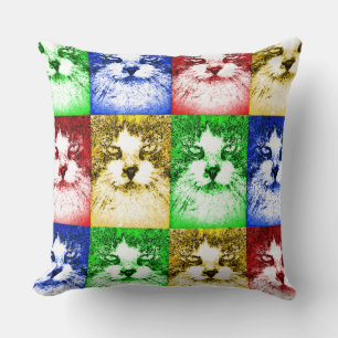 Coussin Chats Pop Art Rouge Bleu Jaune Or Vert