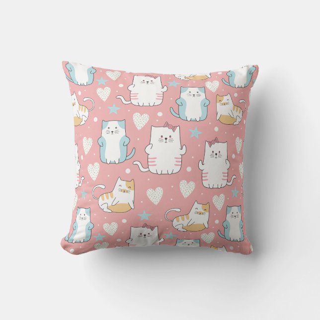 Coussin chats potelés en bleu pastel, blanc et rose (Recto)