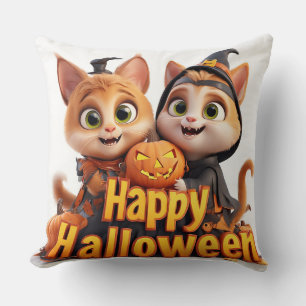 Coussin Chats roux mignons en chapeaux de sorcière citroui