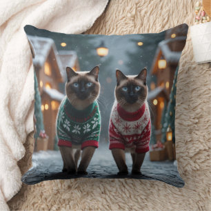 Coussin Chats siamois Noël Neige Fêtes