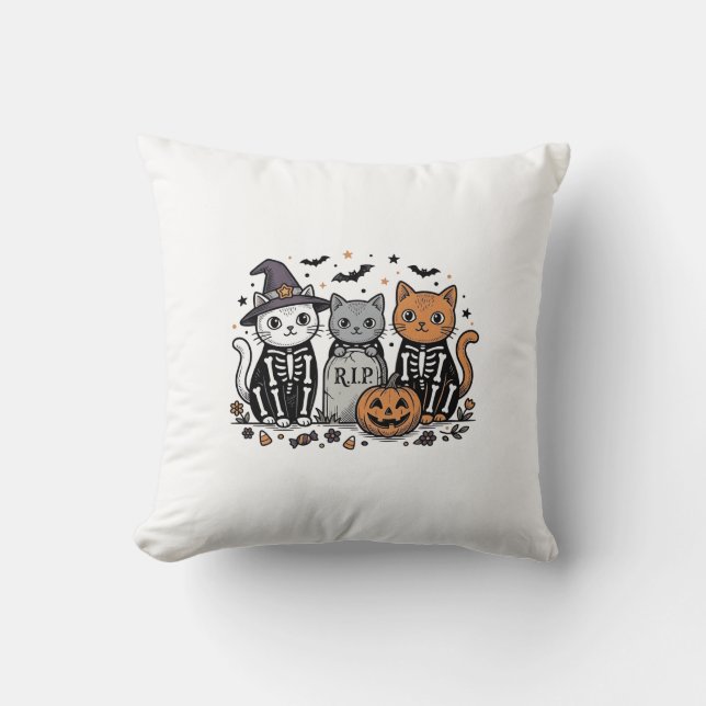 Coussin Chats squelette mignons Halloween Gravure vintage  (Recto)