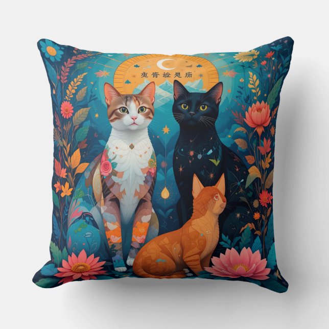 Coussin Chats stylisés Scène géométrique abstraite 🐱 (Recto)