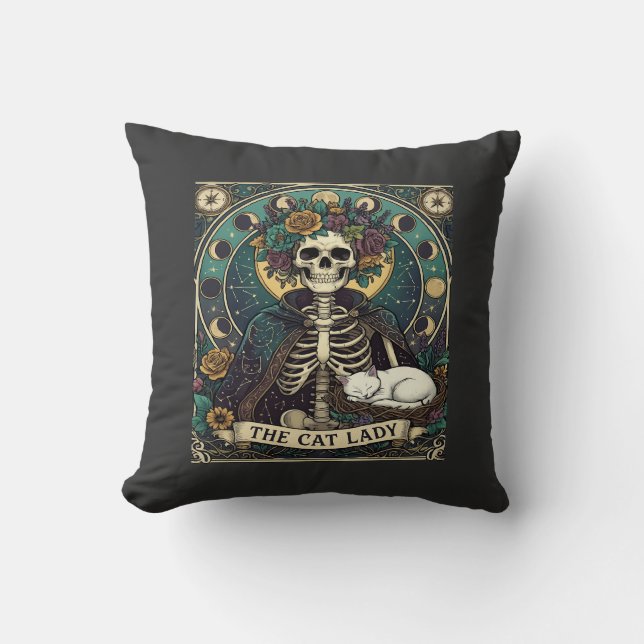 Coussin Chatte Dame Haloween Squelette Floral Lune Boussol (Recto)