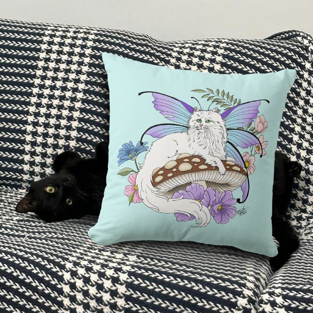 Coussin Chatte Fée Blanche Fantastique Champignon Bleu Cap (Créateur téléchargé)